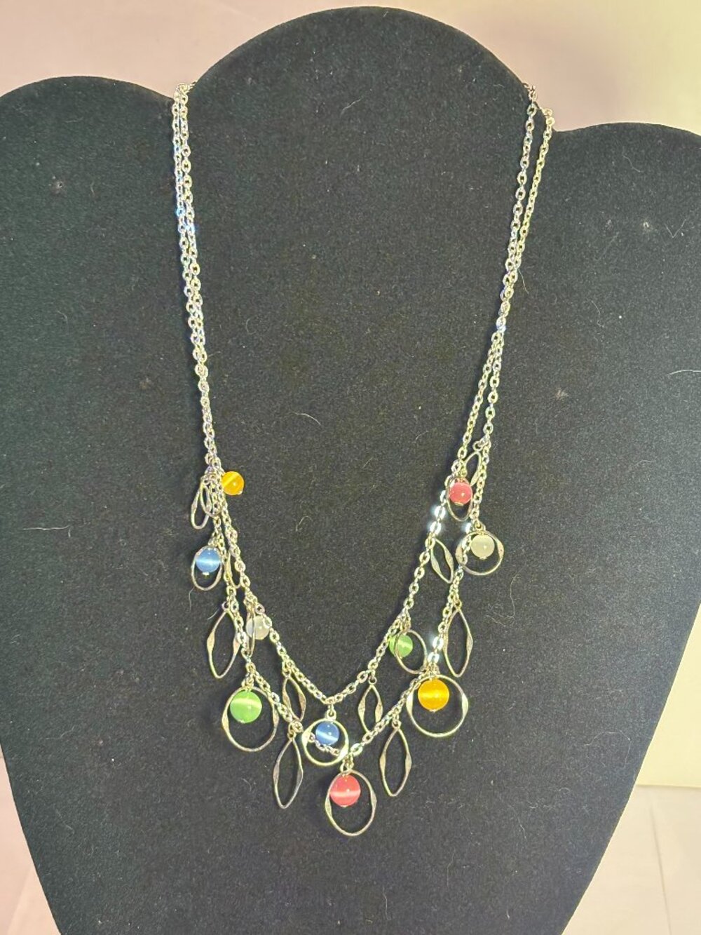 Premier Designs Multi Strand Silver Ovals & Circles w/ Cat's Eye Necklace